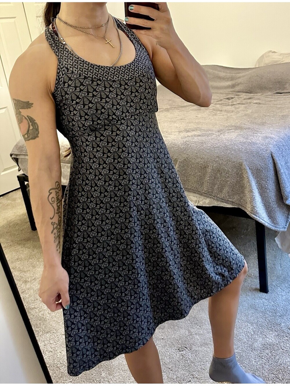 Prana Womens Cali Dress Sz Small Gray Geometric Pattern Racerback Built in Bra